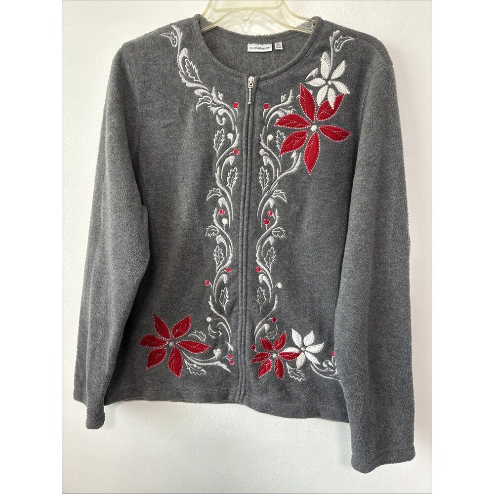 Croft & Barrow Winter Holiday Cardigan Top Cozy Fleece Zip Up Gray Floral XL